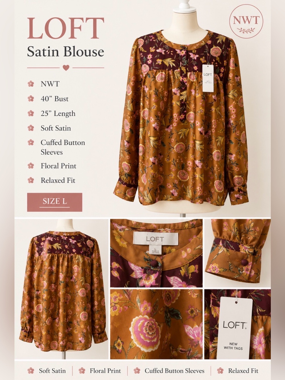 LOFT Floral Satin Blouse in Rust and Burgundy